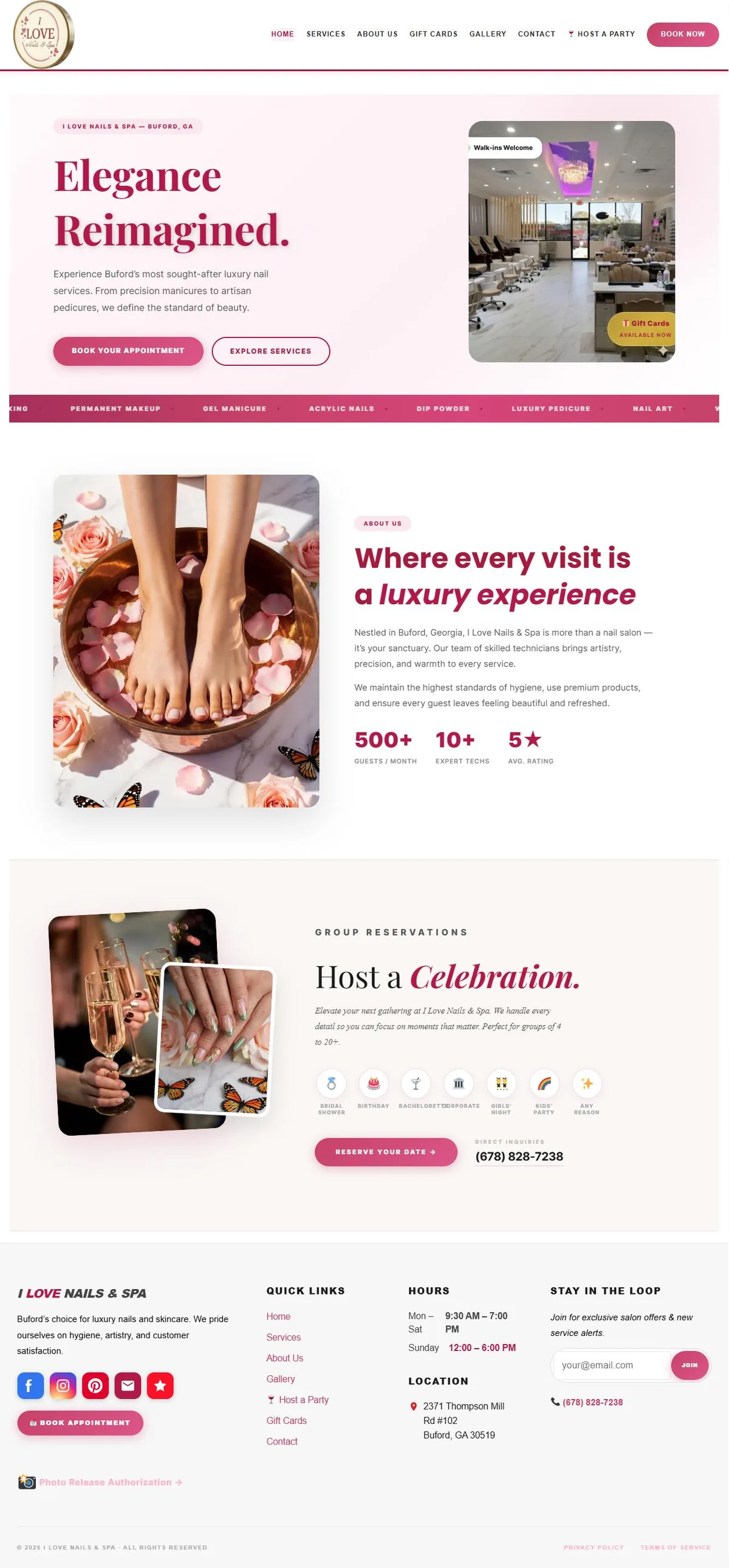 Full homepage of ilovenailsandspabuford.com — I Love Nails & Spa, a luxury Buford GA nail salon site with online booking and gift cards