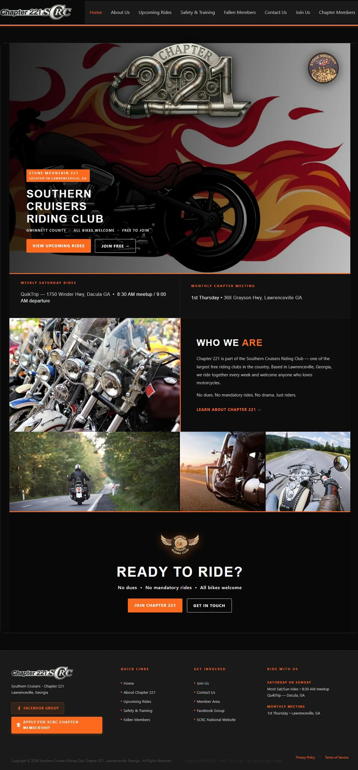 Full homepage of scrc221.com — Southern Cruisers Riding Club Chapter 221, a Lawrenceville GA riding club site with members portal and ride schedule